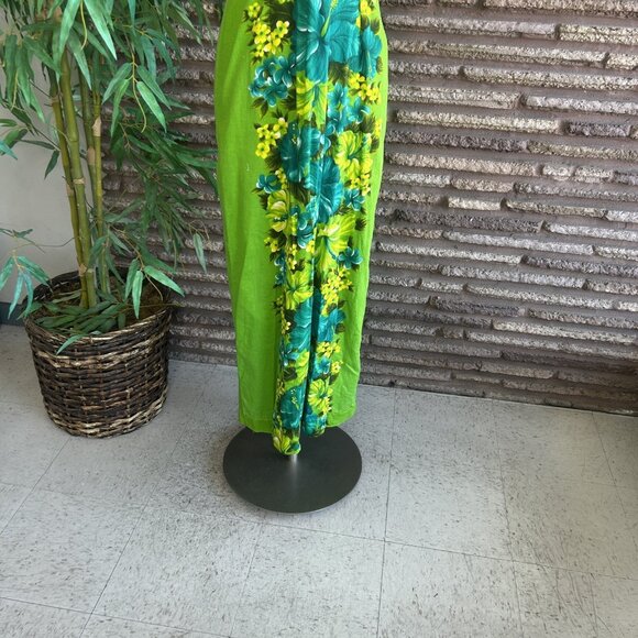 Hawaiian Togs Vintage Green Floral Barkcloth V Neck Draped Back Tiki Maxi Dress - Picture 9 of 14